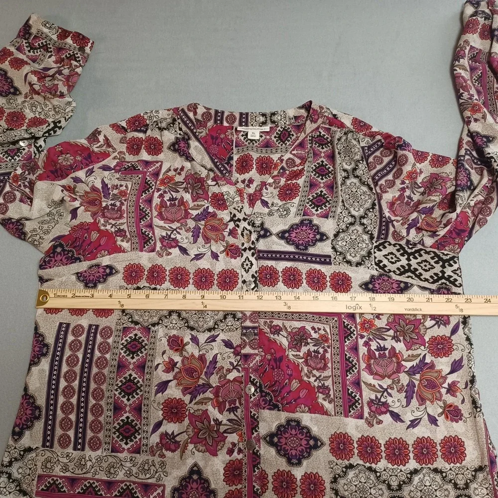 Westport Womens XL Boho Patchwork Floral Button Down Blouse Magenta Purp 4127MGP - Picture 5 of 14